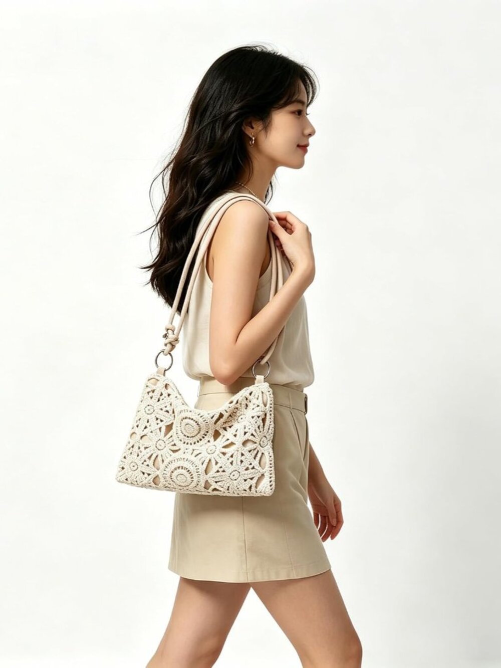 Floral Hollow Out Woven Boho Bag, Metal Round Clasp Beach Bag, Holiday Casual St - Picture 8 of 8